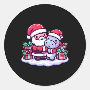Christmas Santa Hugging Hippopotamus In Santa Hat Classic Round Sticker