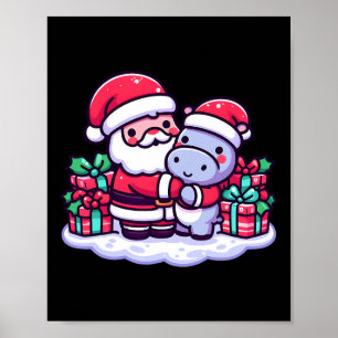 Christmas Santa Hugging Hippopotamus In Santa Hat Poster