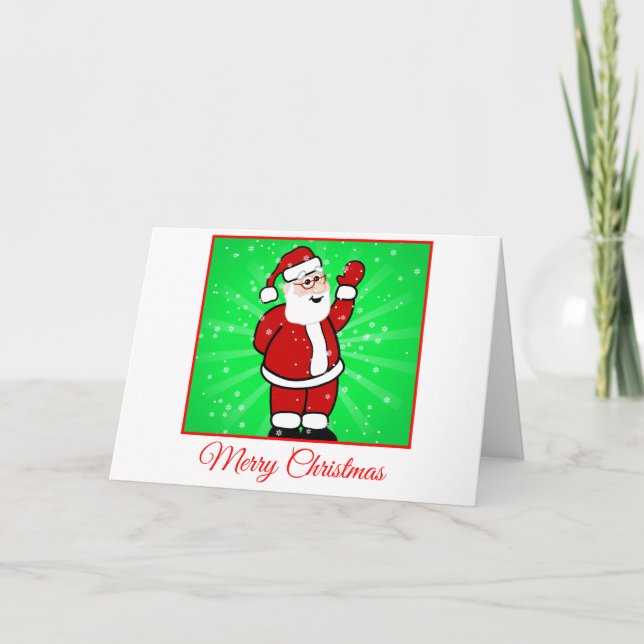 Christmas Santa in Red Suit Green Background Snow Holiday Card (Front)