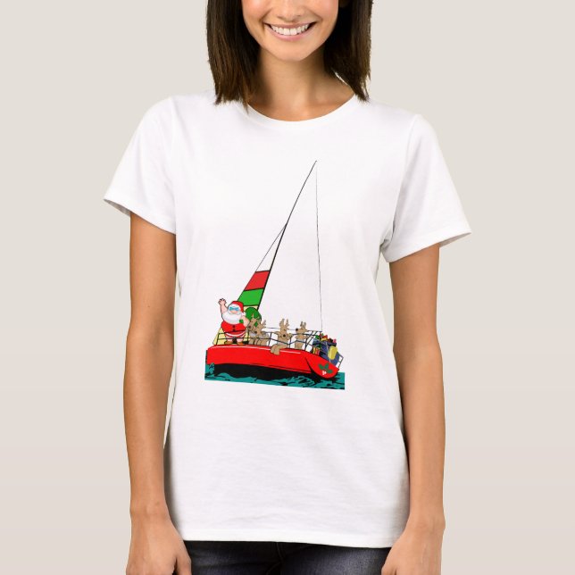 Christmas Santa in Sailboat  I'd Rather be Sailing T-Shirt (Front)