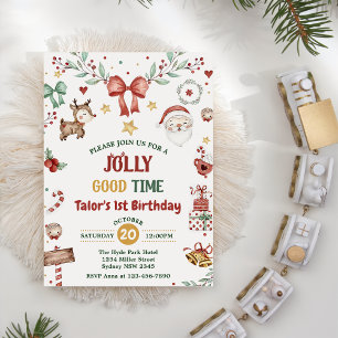 Christmas Santa Jolly Good Time 1st Birthday Party Invitation