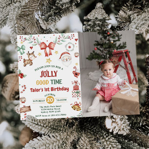 Christmas Santa Jolly Good Time 1st Birthday Photo Invitation