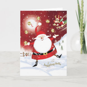 Christmas, Santa Juggling Sleigh Bells Holiday Card