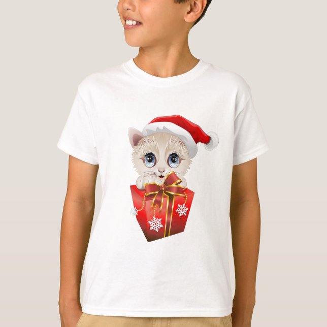 Christmas Santa Kitten with Gift T-Shirt (Front)