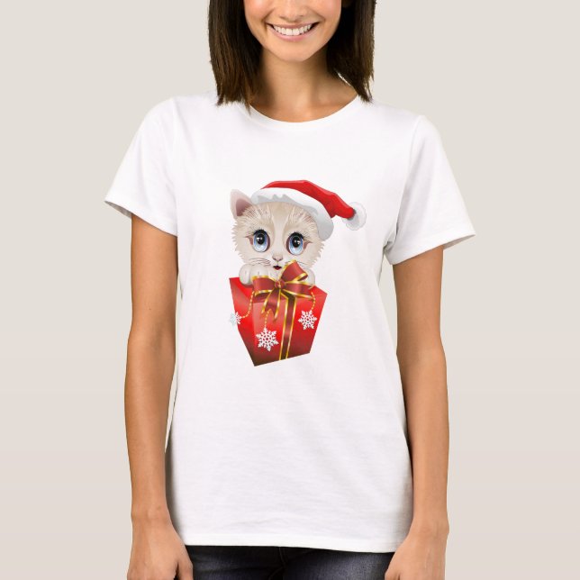 Christmas Santa Kitten with Gift T-Shirt (Front)