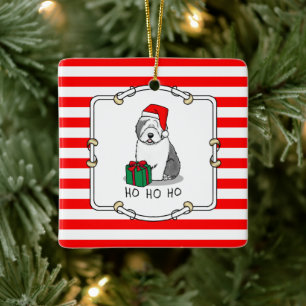 Christmas Santa Old English Sheepdog (Grey 1) Cute Ceramic Ornament