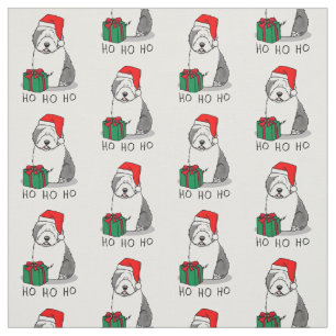 Christmas Santa Old English Sheepdog (Grey 1) Cute Fabric
