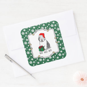 Christmas Santa Old English Sheepdog (Grey 1) Cute Square Sticker
