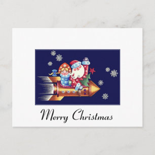 Christmas Santa on a Rocket Holiday Postcard