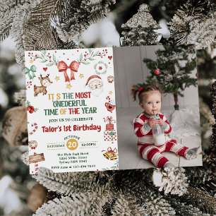 Christmas Santa Onederful 1st Birthday Party Photo Invitation