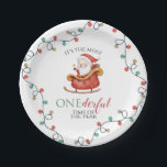 Christmas Santa Onederful First Birthday Paper Plate<br><div class="desc">It's the most ONEderful time of the year! Santa Sleigh first birthday party plates with watercolor santa in sleigh.</div>