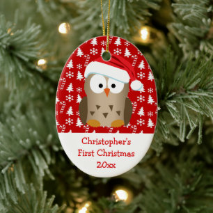 Christmas Santa Owl Personalised Kids/Baby/First Ceramic Ornament
