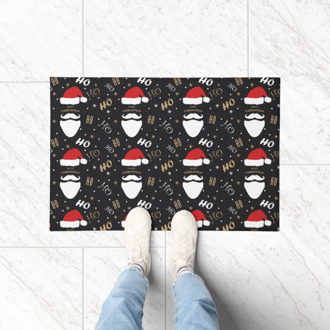 Christmas Santa Pattern Black Background with Gold Doormat (Indoor)
