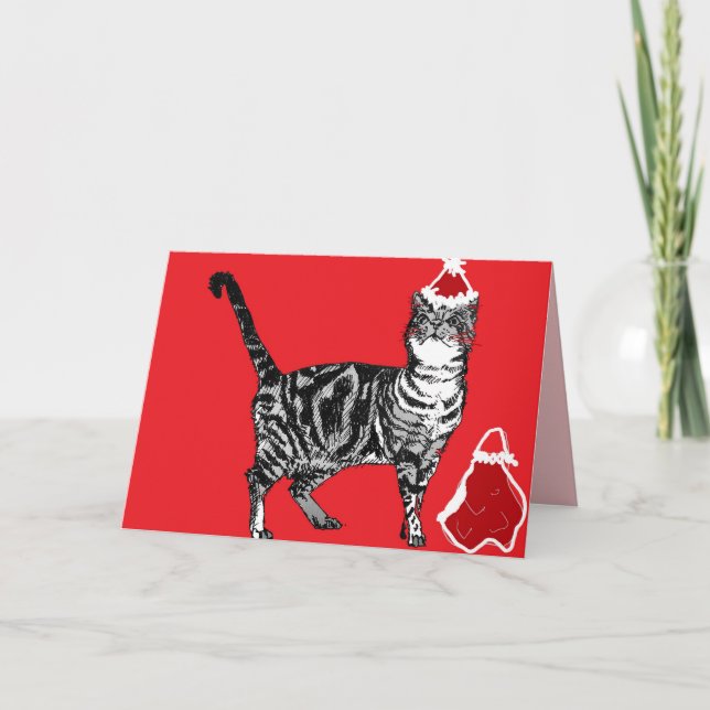 Christmas Santa Paws Stripy Tabby Cat Card Red (Front)