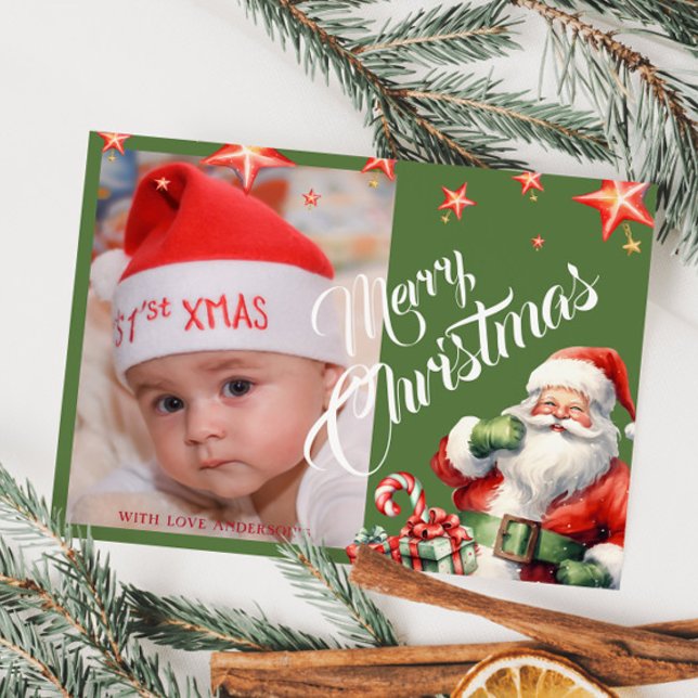 Christmas Santa Personalised Photo Green Postcard (Creator Uploaded)