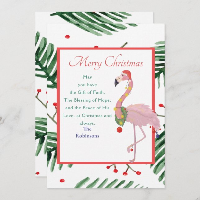 Christmas Santa Pink Flamingo Green Xmas Wreath  Holiday Card (Front/Back)