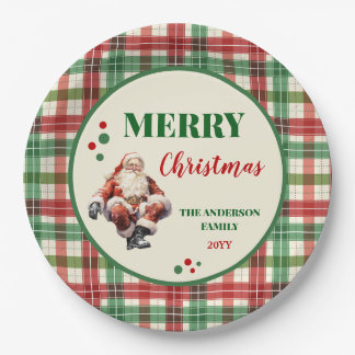 Christmas Santa Plaid Chequered Party Paper Plates