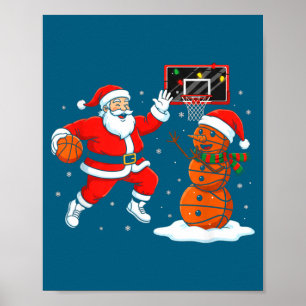 Christmas Santa Playing Basketball Snowman Artwork Poster