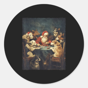 Christmas Santa Playing Cards Dogs Playing Poker Classic Round Sticker