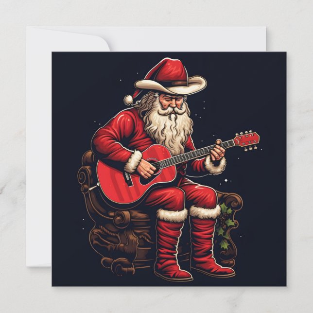 christmas santa playing guitar  holiday card (Front)