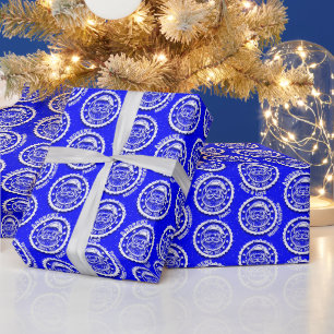 Christmas Santa Post Customizable on Blue Wrapping Paper
