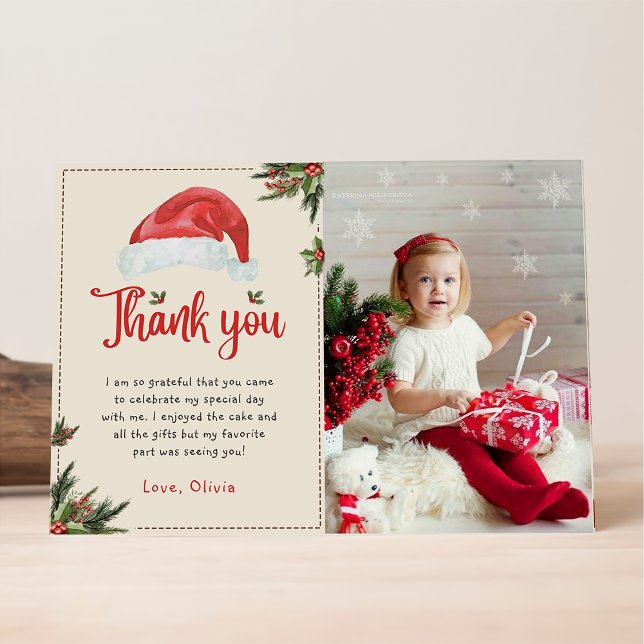 Christmas Santa Red Hat Birthday Photo Thank You Card (Creator Uploaded)
