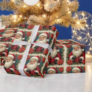 Christmas Santa, Red Poinsettia Flowers Wrapping Paper