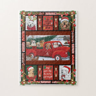 Christmas Santa Red Truck golden retriever  Jigsaw Puzzle