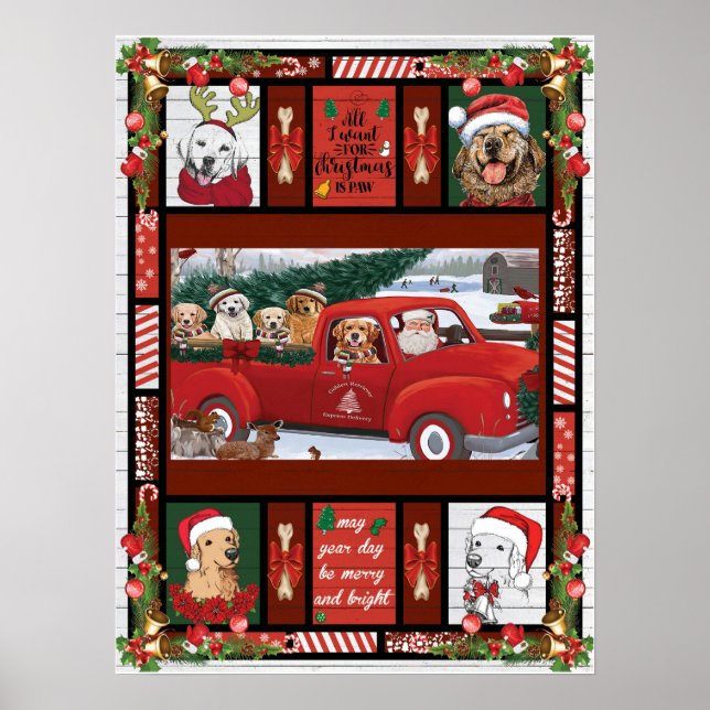 Christmas Santa Red Truck golden retriever  Poster (Front)