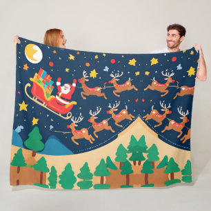 Christmas Santa Reindeer Coming To Town Fleece Blanket