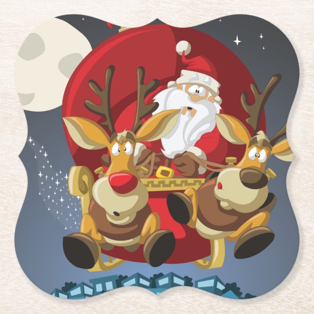 Christmas Santa & Reindeer Paper Coaster (Front)