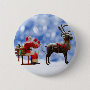 Christmas Santa Reindeer Sledging Snow 6 Cm Round Badge