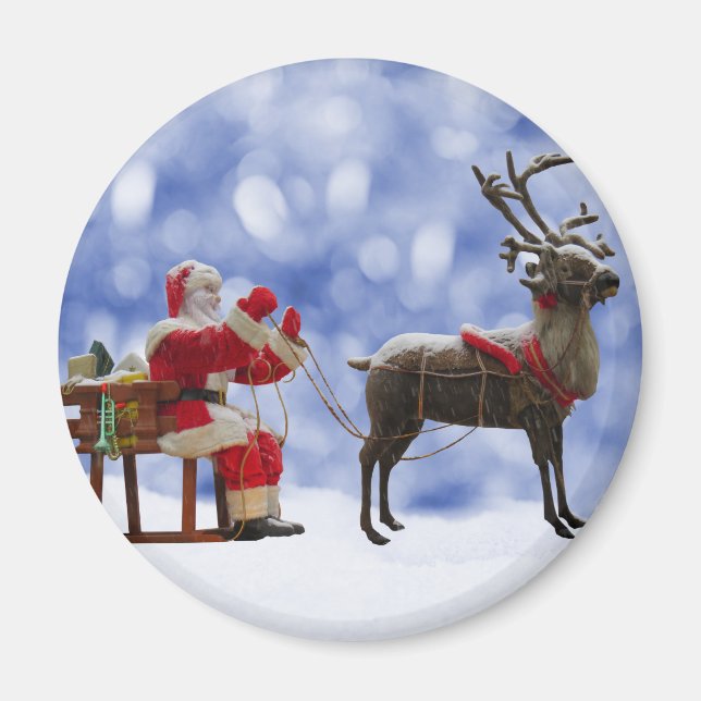 Christmas Santa Reindeer Sledging Snow Magnet (Front)