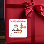 Christmas Santa Reindeer To From Gift  Square Sticker<br><div class="desc">This design may be personalised in the area provided by changing the photo and/or text. Or it can be customised by clicking Personalise this Template and then choosing the click to customise further option and delete or change the colour of the background, add text, change the text colour or style,...</div>