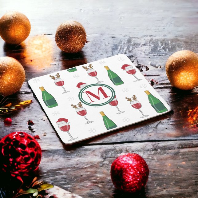 Christmas Santa Reindeer Wine Snow Monogram Coaster (Creator Uploaded)
