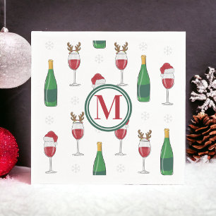 Christmas Santa Reindeer Wine Snow Monogram Napkin