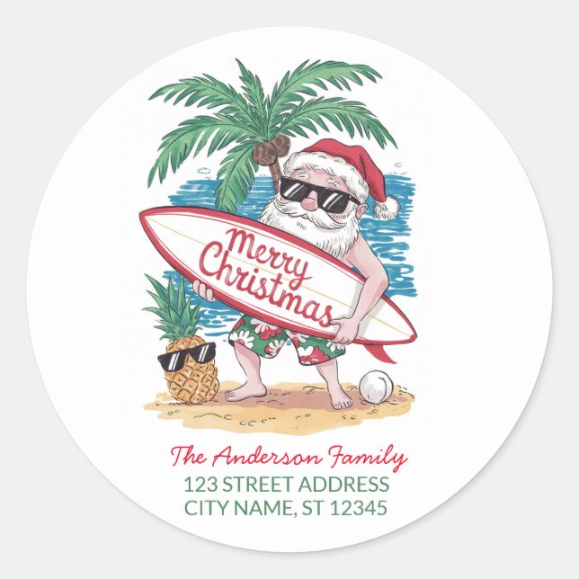 Christmas Santa riding a dinosaur Return Address   Classic Round Sticker (Front)