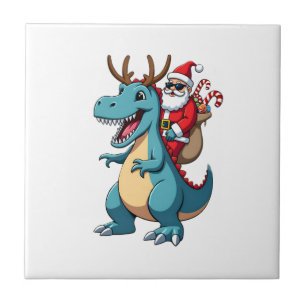 Christmas Santa Riding Dinosaur Deer Xmas (1) Ceramic Tile