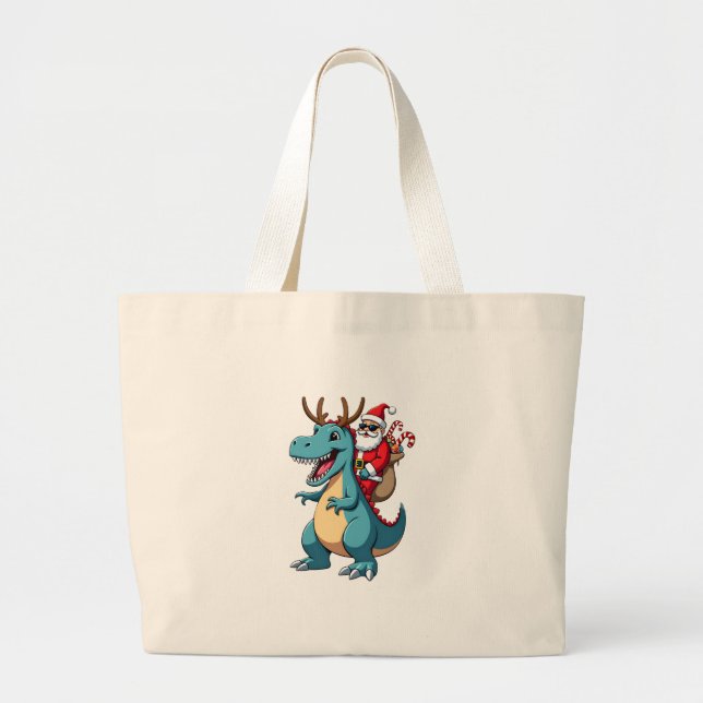 Christmas Santa Riding Dinosaur Deer Xmas (1) Large Tote Bag (Front)