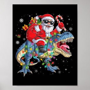 Christmas Santa Riding Dinosaur Funny Xmas Lights Poster