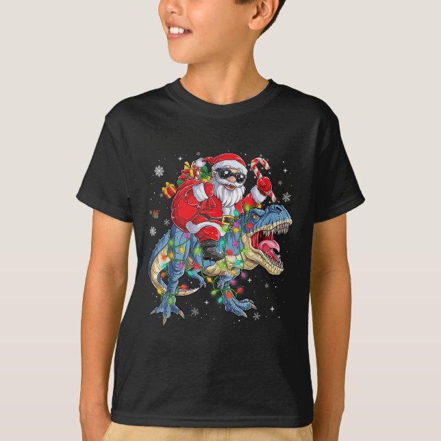 Christmas Santa Riding Dinosaur Funny Xmas Lights  T-Shirt (Front)