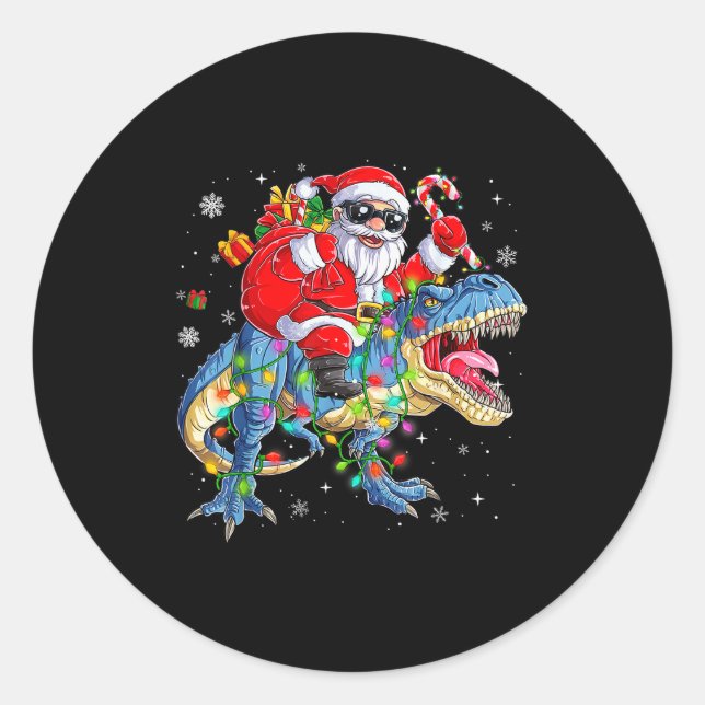 Christmas Santa Riding Dinosaur T-rex Funny Xmas L Classic Round Sticker (Front)