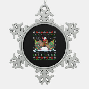 Christmas Santa riding pitbull ugly Snowflake Pewter Christmas Ornament