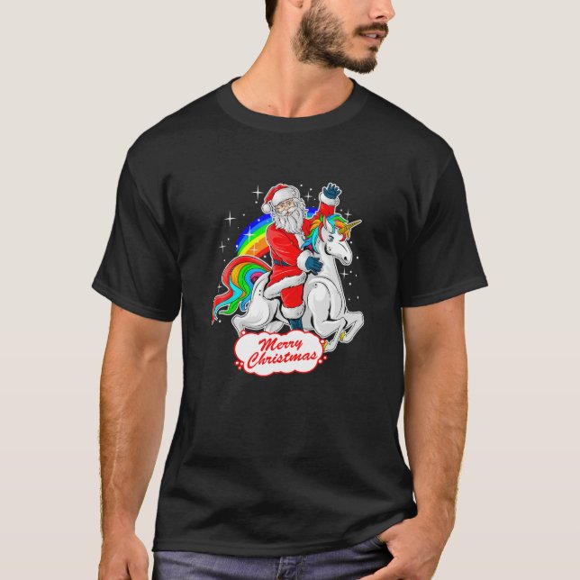 Christmas Santa Riding Unicorn, Cute Xmas Rainbow  T-Shirt (Front)