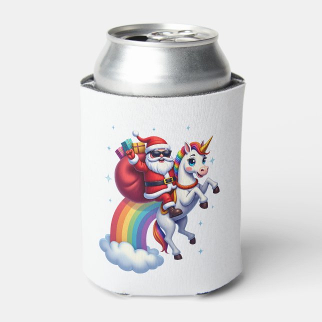 Christmas Santa Riding Unicorn Xmas Girls Women Ra Can Cooler (Can Front)