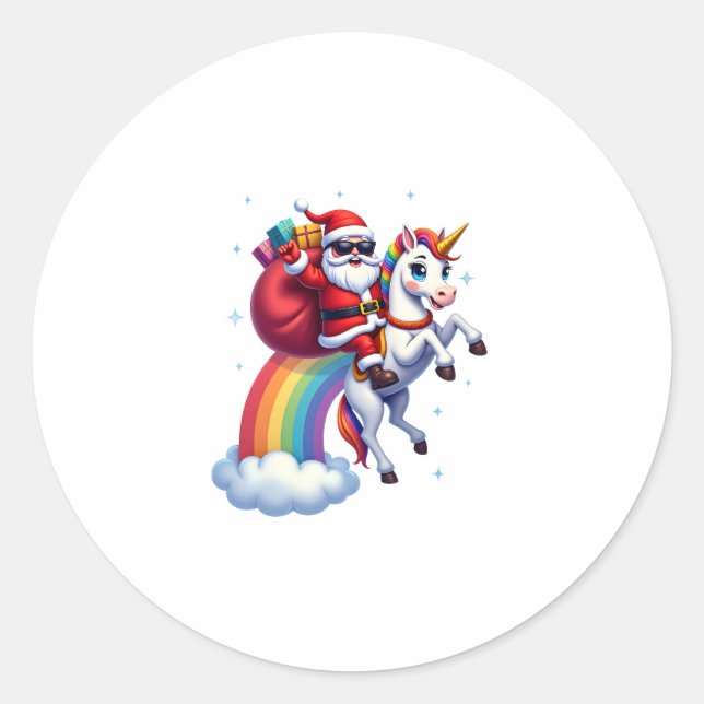 Christmas Santa Riding Unicorn Xmas Girls Women Ra Classic Round Sticker (Front)