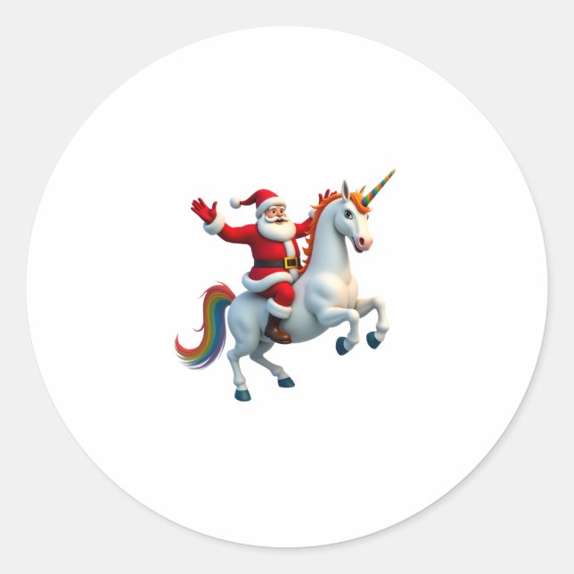 Christmas Santa Riding Unicorn Xmas Girls Women Ra Classic Round Sticker (Front)