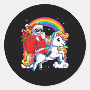 Christmas Santa Riding Unicorn Xmas Girls Women Ra Classic Round Sticker