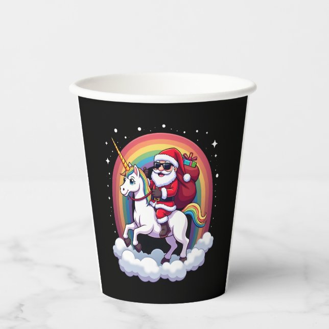 Christmas Santa Riding Unicorn Xmas Girls Women Ra Paper Cups (Front)