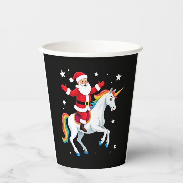 Christmas Santa Riding Unicorn Xmas Girls Women Ra Paper Cups (Front)